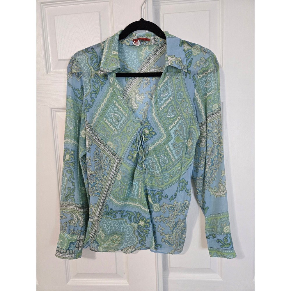 Blue Paisley 100% Silk Ruched Front Long Sleeve Sheer Blouse Boho Top 14